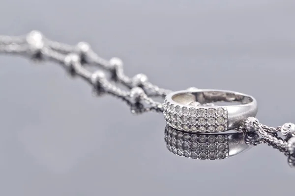 Silver ring with precious stones and fine silver chain