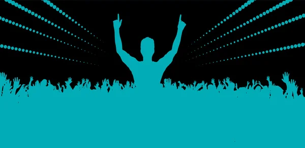 Electronic dance music festival with silhouettes of happy dancing people with raised up hands.