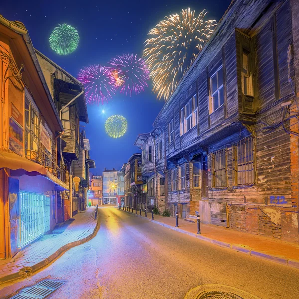 Fireworks above old streets of Istanbul