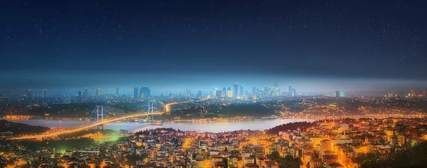 Panorama of Istanbul and Bosphorus bridge at night