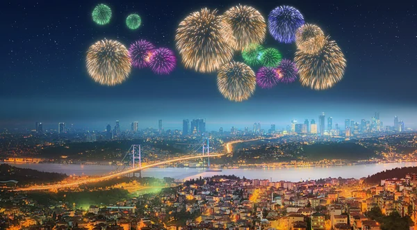 Panorama of Istanbul at night with fireworks