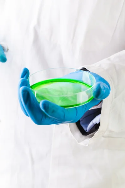 Holding a petri dish with green liquid