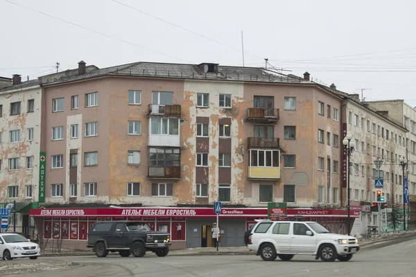 MAGADAN, RUSSIA - DECEMBER 22: Building of the Soviet period on the main street on December 22, 2014 in Magadan.