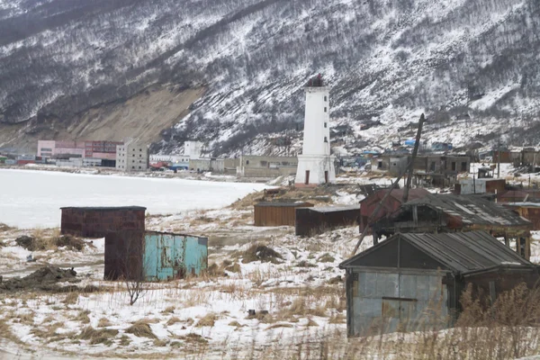 MAGADAN, RUSSIA - DECEMBER 22: Old Soviet barracks on the shores of the Sea of Okhotsk in Magadan on December 22, 2014 in Magadan.