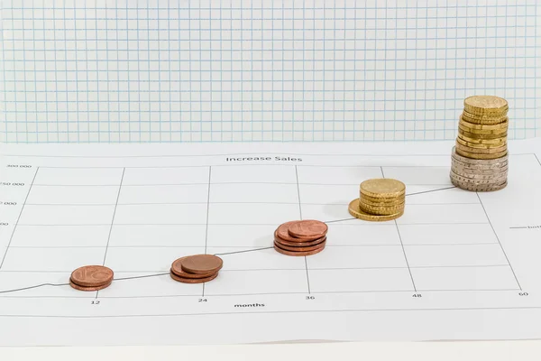 Line chart with stacked coins against background of squared pape