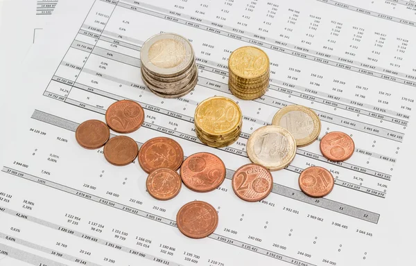 Euro coins different denominations on the data table