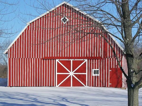 Striped barn in winter