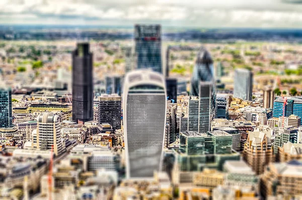 Aerial view of the London City Skyline. Tilt-shift effect applied