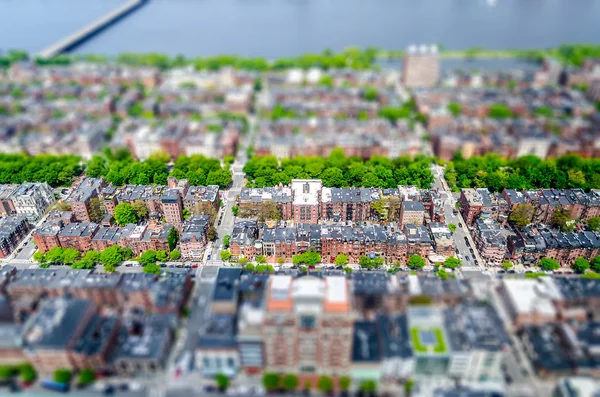 Aerial View of the Back Bay district, Boston, USA. Tilt-shift effect applied