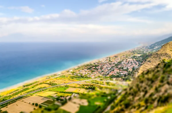 Aerial view of coastline in Calabria, Italy. Tilt-shift effect applied