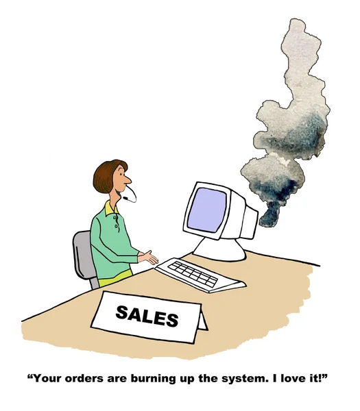 Businesswoman at a computer that has smoke coming out of it