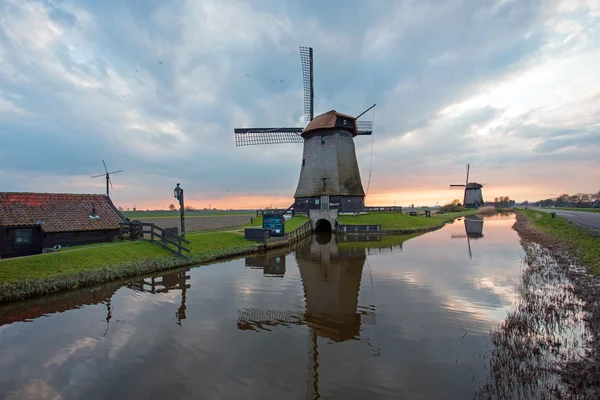 Traditional windmills in a dutch landscape in the Netherlands