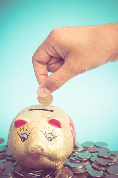 Hand putting money coins  with filter effect retro vintage style