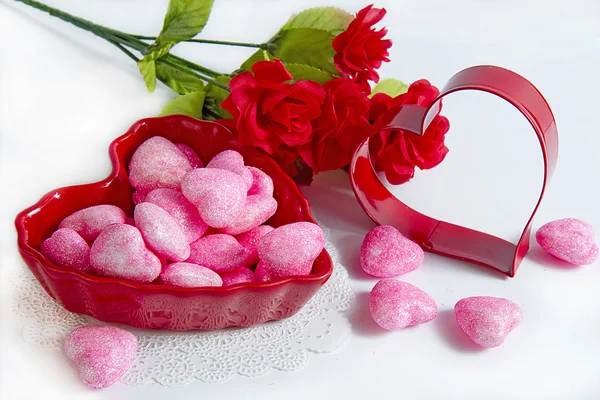 Valentine\'s Day Heart Dish and Candy and flowers
