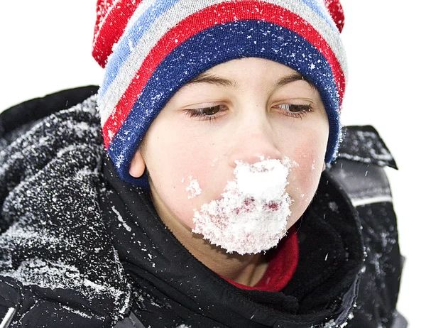 Close- up of Young Boy after hit in face with snowball
