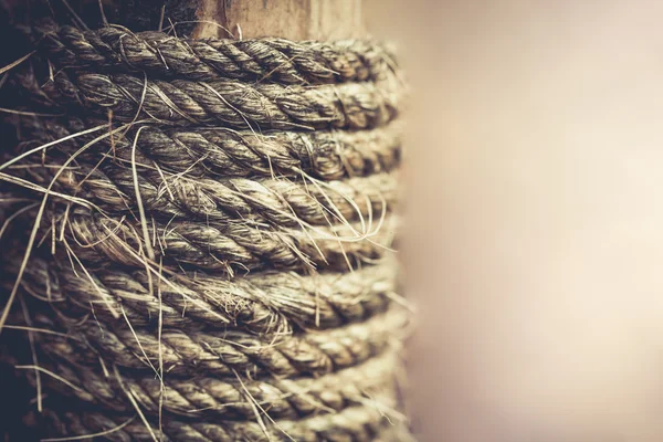 Strip of raw rope textured on old wood for background. Vintage style.