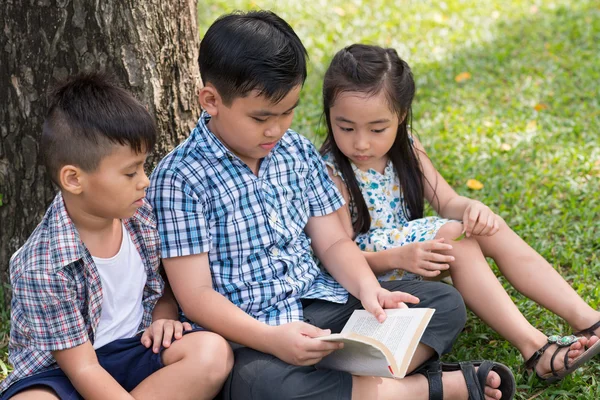 Children reading together in the park