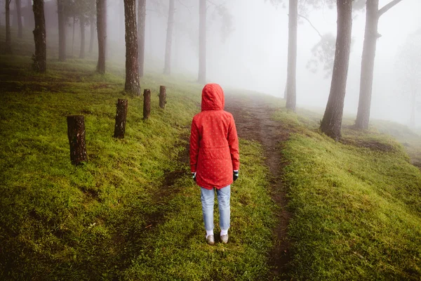 Woman wear red coat  turn back on path way with fog