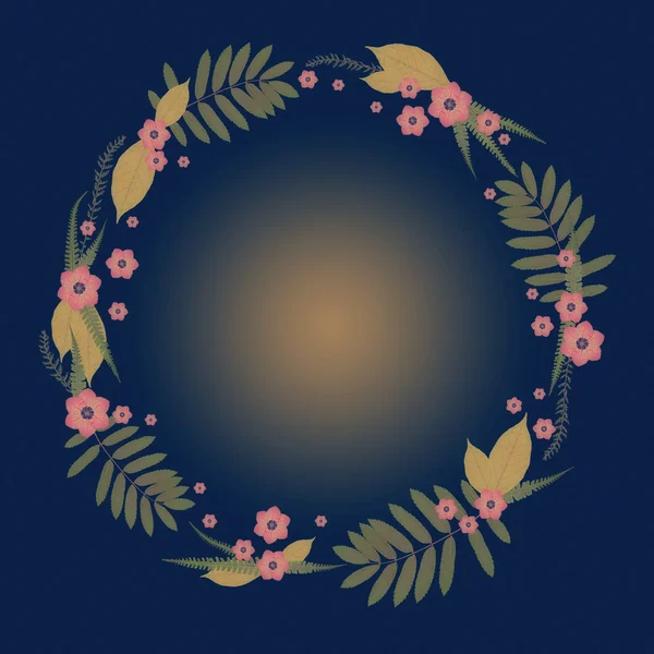Floral Round Frame with leaves, pink flowers and Blue background.