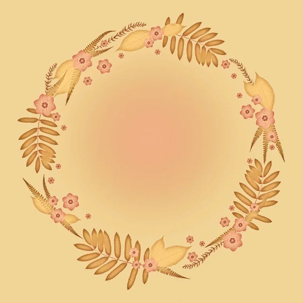 Vintage Floral Round Frame with Leaves, pink flowers and yellow background.