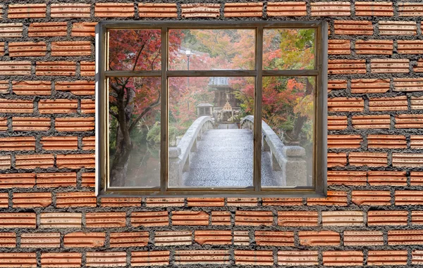 Autumn foliage color outside window with brick wall