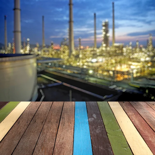 Wood table top refinery factory background montage concept