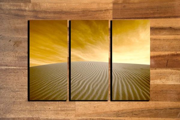 Landscape photo collage frame on wooden background