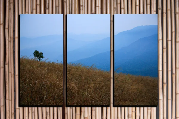 Landscape photo collage frame on bamboo background