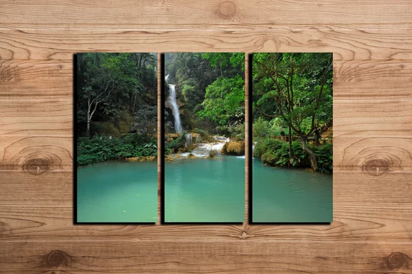 Waterfall photo collage frame on wooden background