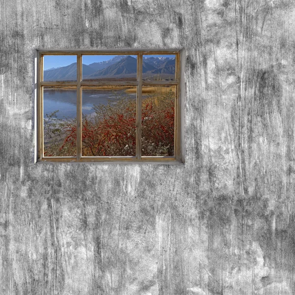 Windows frame on cement wall and view of Leh ladakh nature
