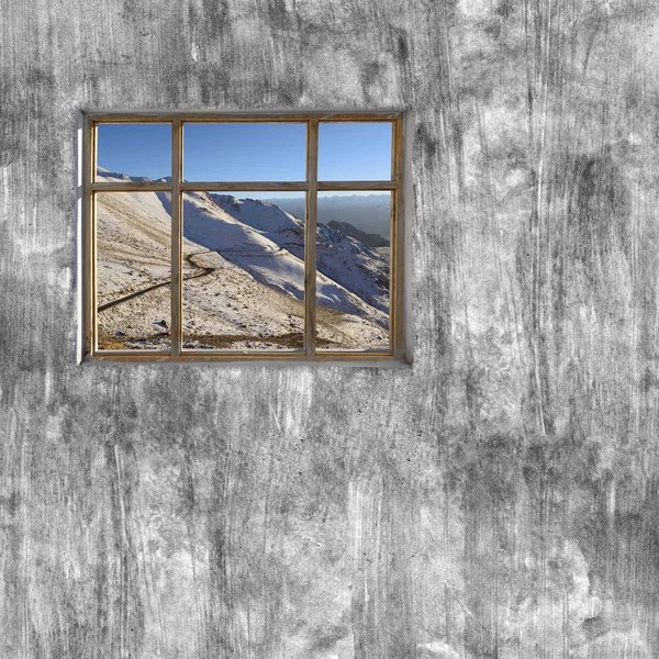 Windows frame on cement wall and view of Leh ladakh nature