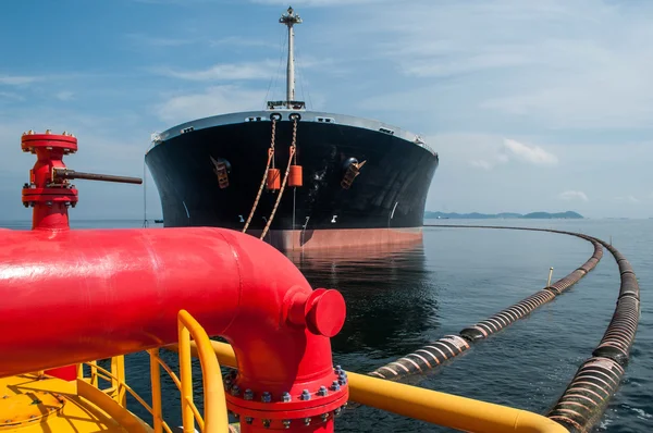 Oil tanker is transferring oil to the cargo vessel