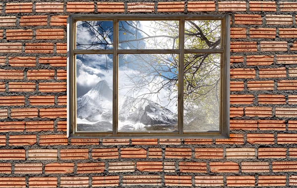 Window on brick wall with Yading, China