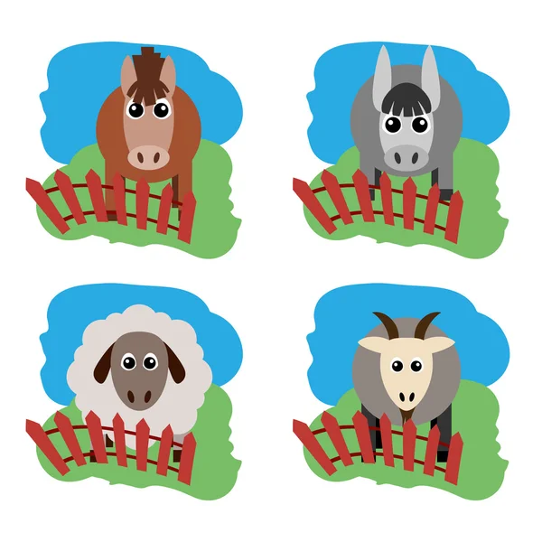 Vector illustration of farm animals. Horse, sheep, goat, a donkey on the grass behind the fence.