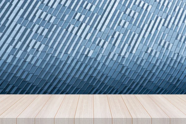 Perspective white wood table top with blurred modern pattern in background,