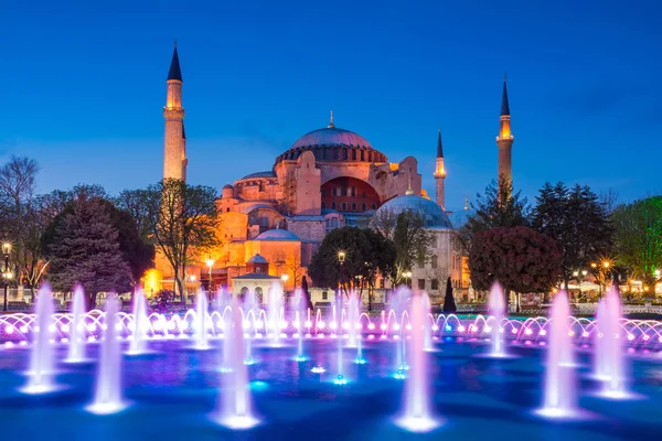 Twilight time scene of Ayasofya or Hagia Sophia, a former Orthodox patriarchal basilica, later a mosque and now a museum in Istanbul, Turkey