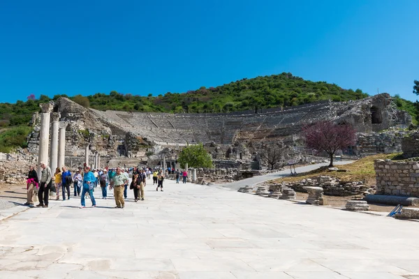Tourists in Ephesus Turkey on April 13, 2015. Ephesus contains the ancient largest collection of Roman ruins in the eastern Mediterranean