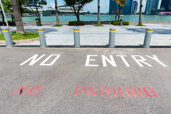 No Parking and No entry sign painted on asphalt in a park