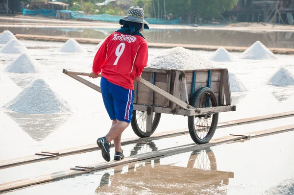 Unidentified workers carrying salt at salt farm on March 07, 2010 in Chonburi Thailand. Chonburi is the main industrial area in Thailand