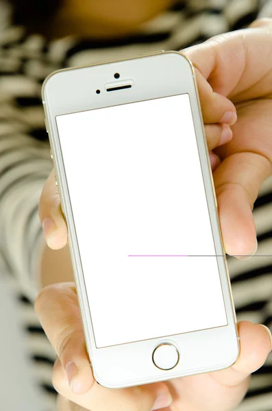 Isolated woman hand holding the phone tablet touch computer gadg