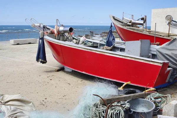 The red fishing boat on the ocean shore, Braga district , Porgugal