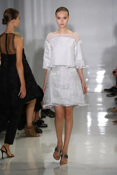 Model walks the runway at Ralph Rucci during Mercedes-Benz Fashion Week
