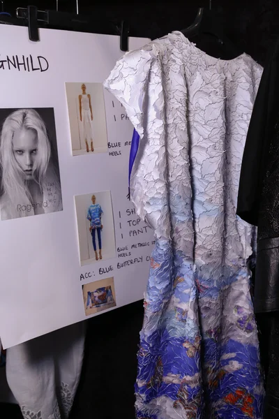 Clothes on racks ready backstage at the Lie Sang Bong Spring 2015 during MBFW
