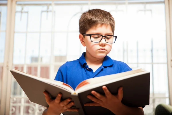 Little boy reading a big book