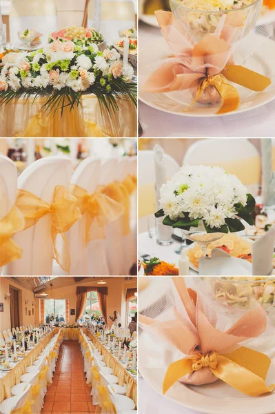 Collage collection of gold wedding details from ceremony and reception