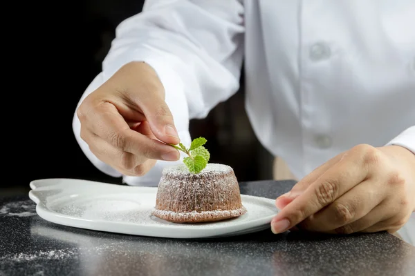 Chef making lava chocolate cake