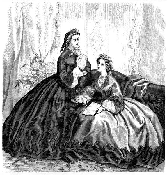 Vintage ladies fashion, black and white illustration, two girls in the parlor
