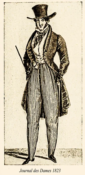 Vintage drawing,  man with hat and overcoat, Paris fashion 1823
