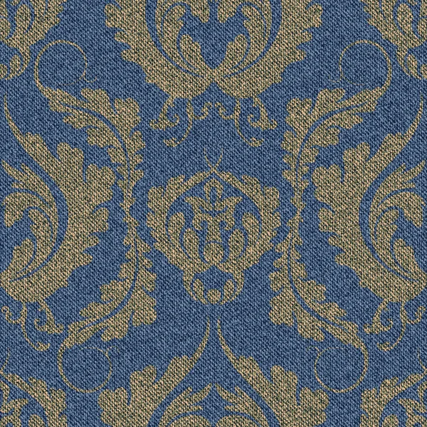 Denim seamless pattern with a gold Damascus print. Blue background with a large floral ornament.