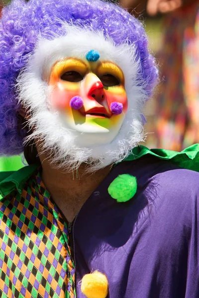 Man Wearing Colorful Clown Costume And Mask Celebrates Caribbean Culture